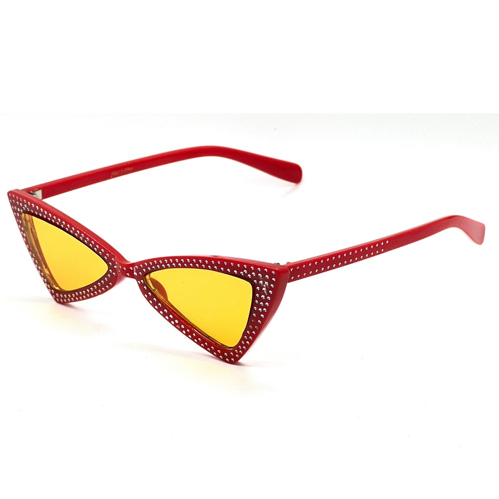 Rhinestone Cat Eye Sunglasses Yellow Lens Red Frame Fashion Funky Festival Gafas